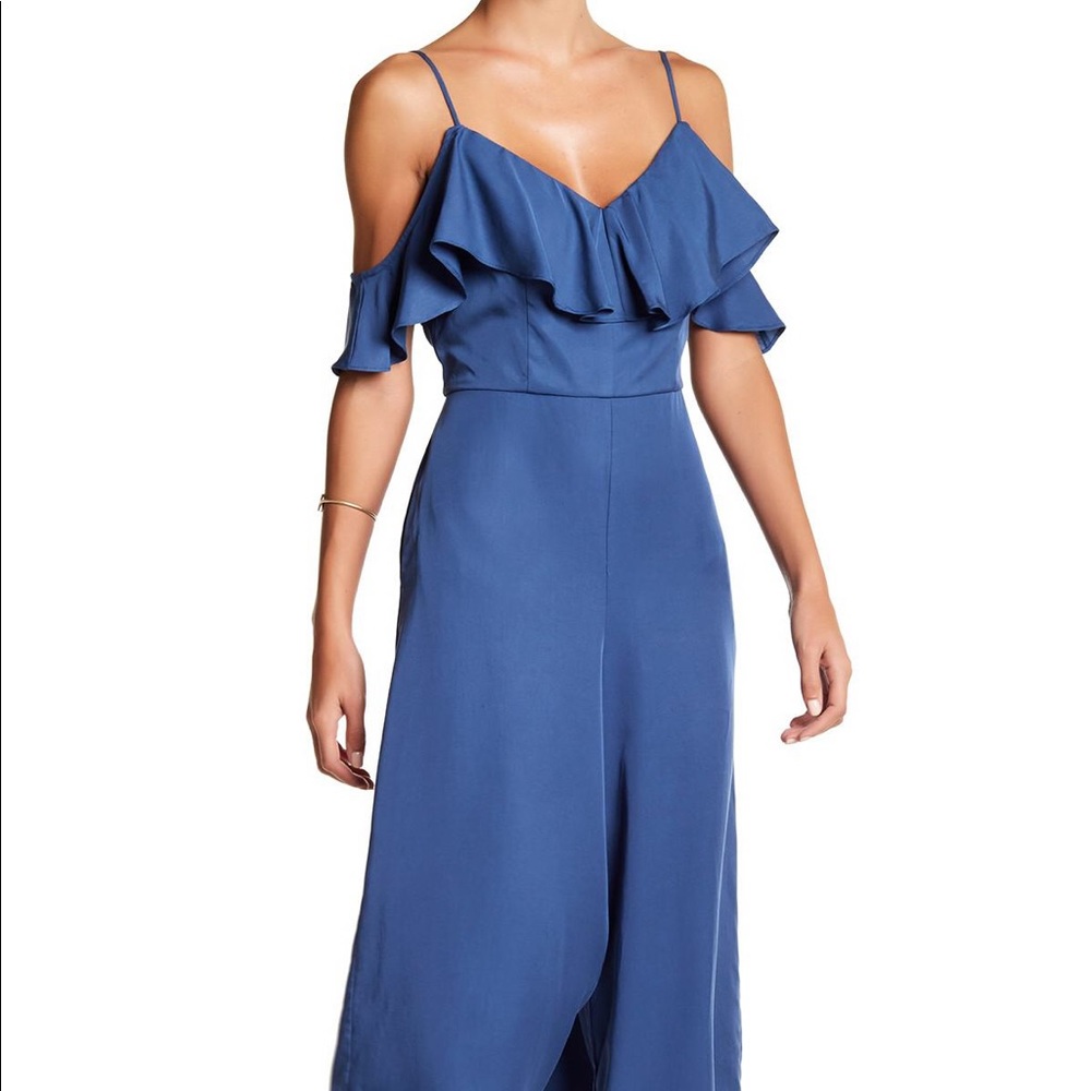 CHELSEA28 Cold Shoulder Chambray Ruffle Jumpsuit